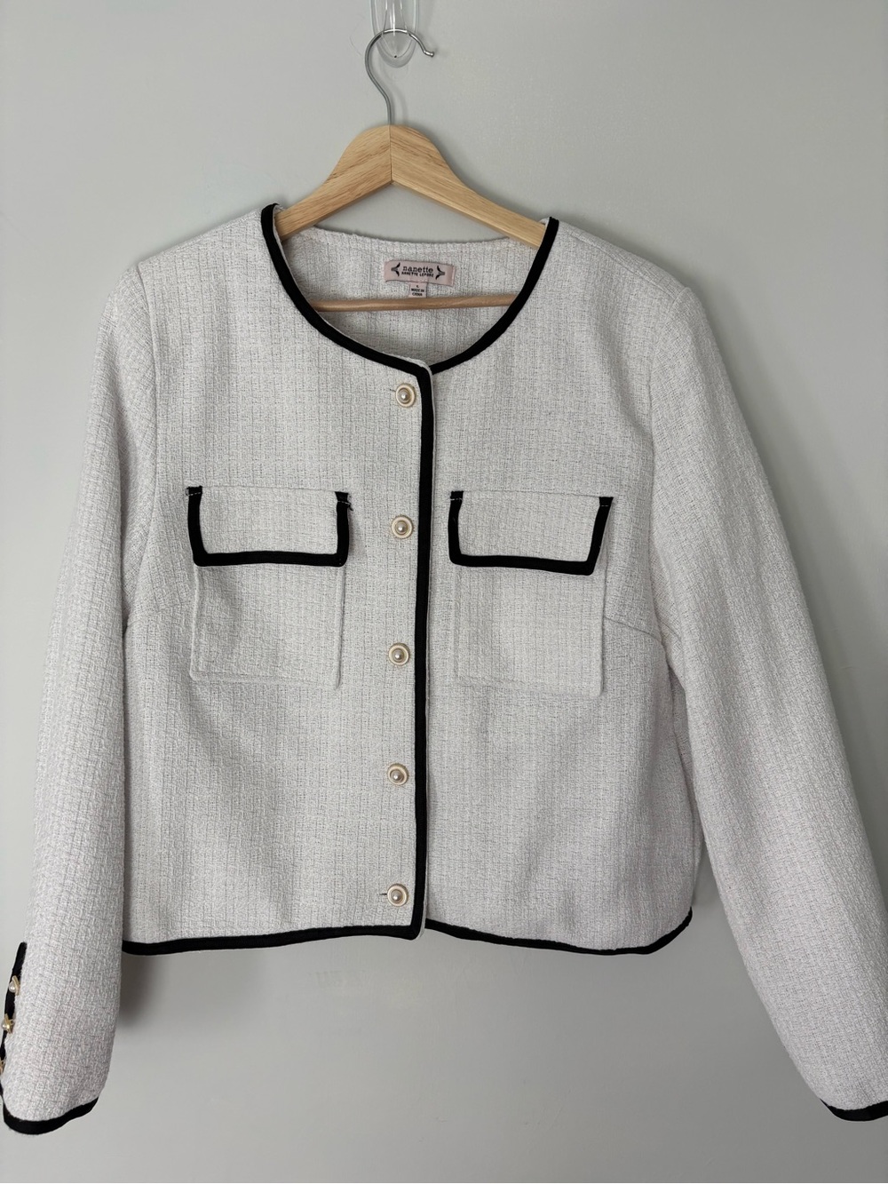 Nanette Lepore White Tweed Jacket Black Trim Pearl Buttons Size L